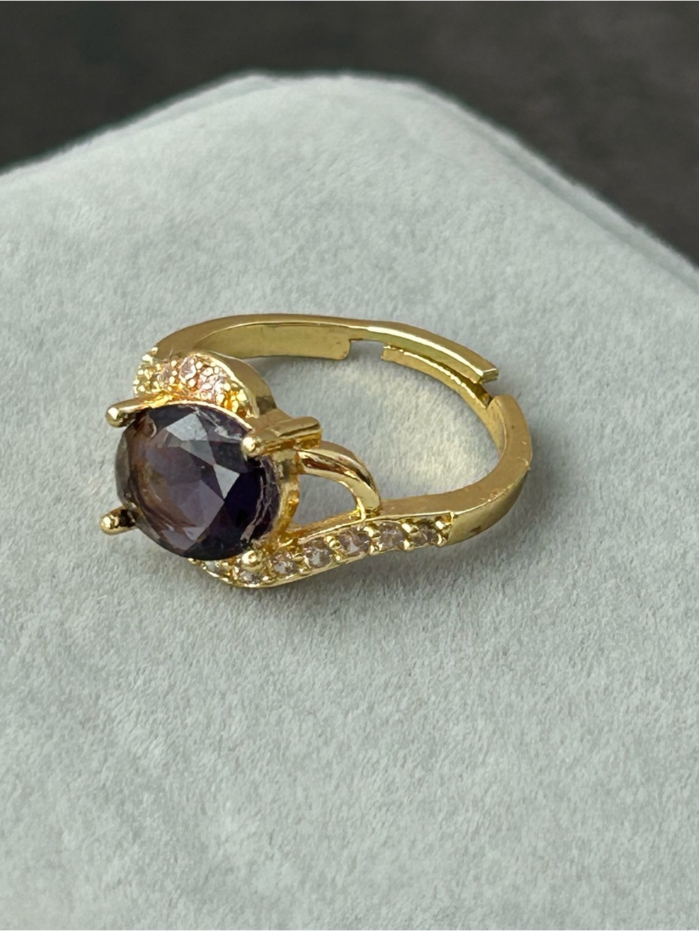 Gold Tone Purple Stone Fashion Ring with Pavé Accent